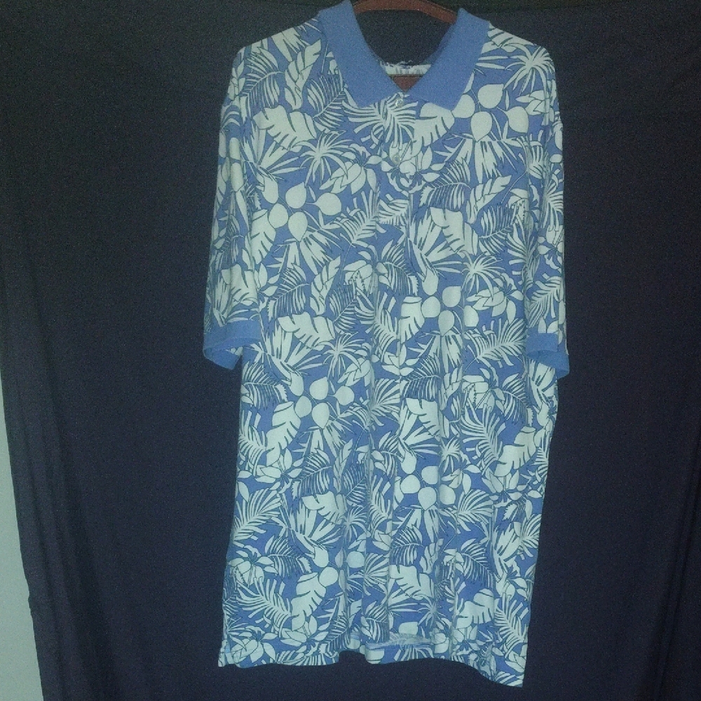 Lands' End Blue and White Tropical Print Polo